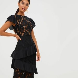 Black Lace Ruffle Detail Maxi Dress